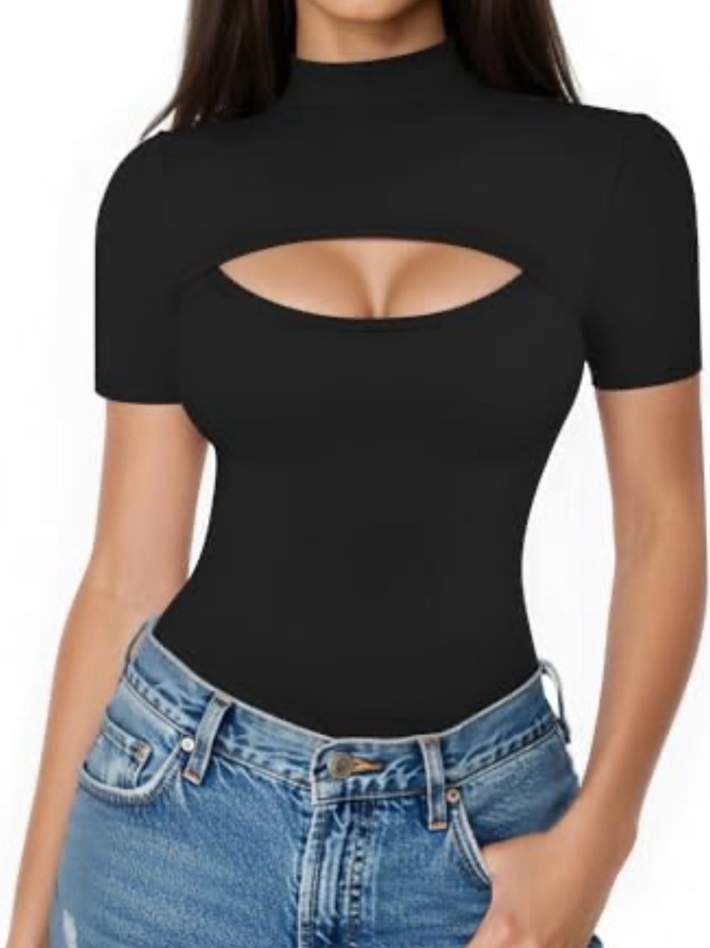 bebe Black Short Sleeve Bodysuit with Chest Cutout